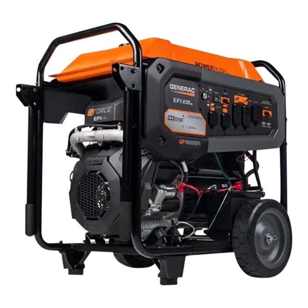 A close-up of a black and orange GENERAC portable power generator.