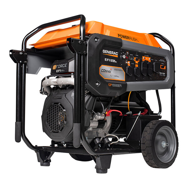 A close up of a Generac GP15500EFI portable generator with black and orange details.