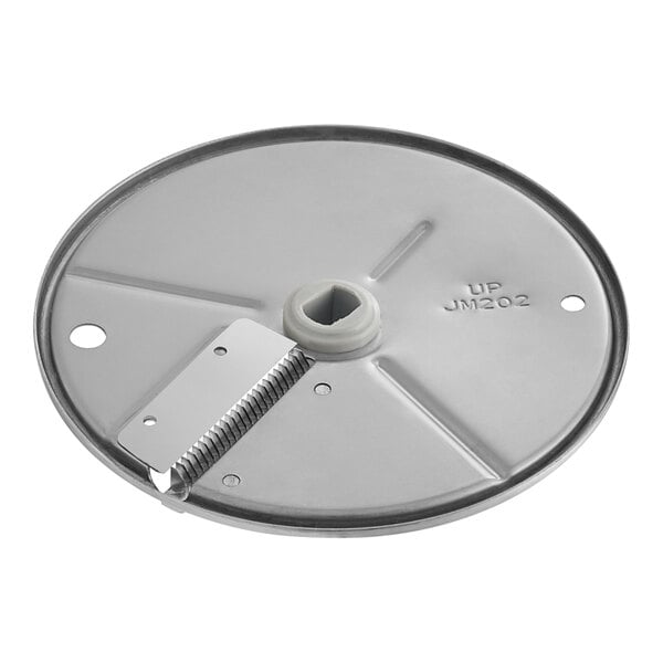 A circular metal AvaMix Julienne Plate with a white plastic disc on top.