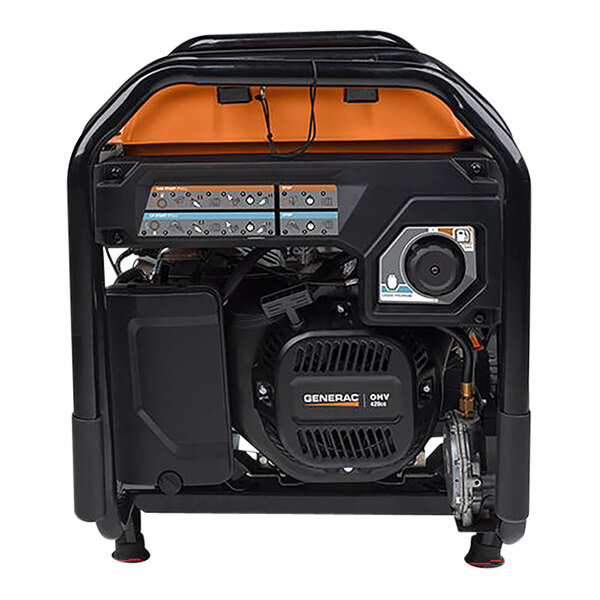 The back of a portable Generac generator with orange and black details.