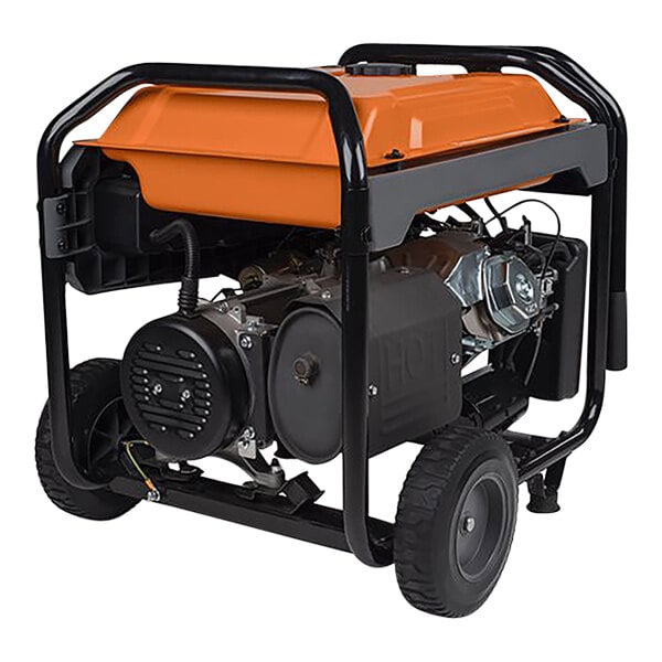 A close up of a round black and orange Generac portable generator.