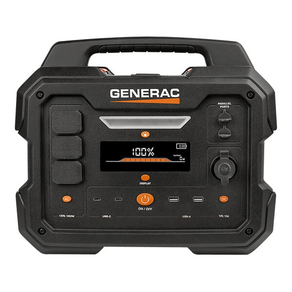A black Generac battery powered portable generator with buttons and dials.