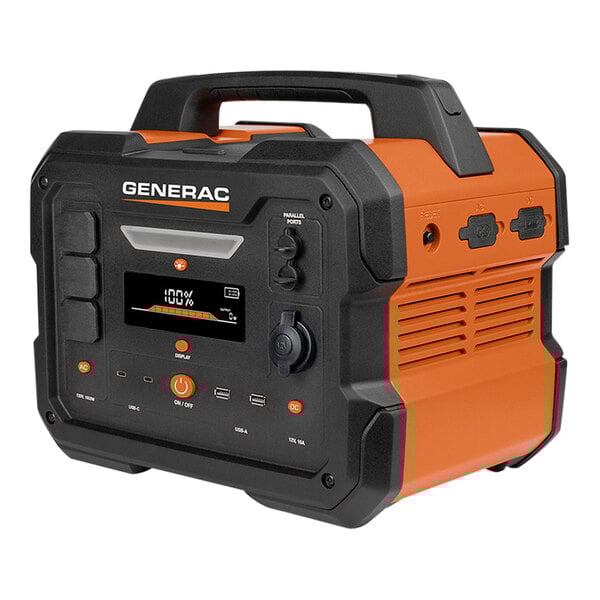 A black and orange Generac GB1000 battery powered portable generator.