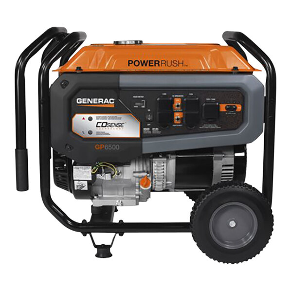 A close-up of a Generac portable generator with wheels and a handle.