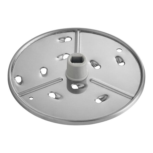 A silver circular metal AvaMix grating plate with holes.
