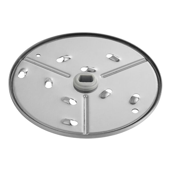 A circular metal AvaMix grating plate with holes in it.