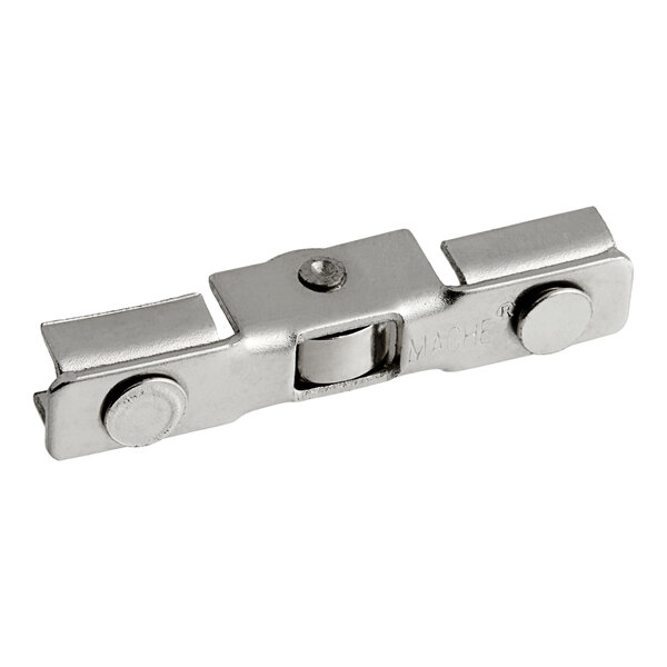 A metal Avantco roller wheel door with two round holes.