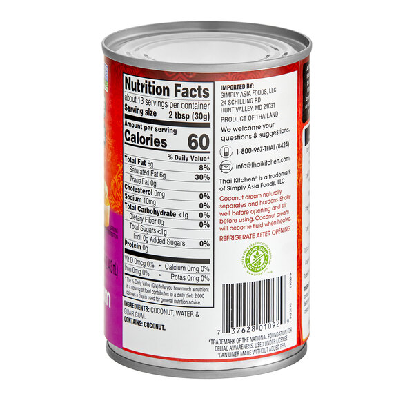 A close up of a THAI Kitchen Unsweetened Coconut Cream label on a can.