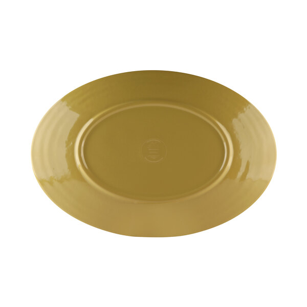 An olive oil-colored oval melamine tray with a pebble design.