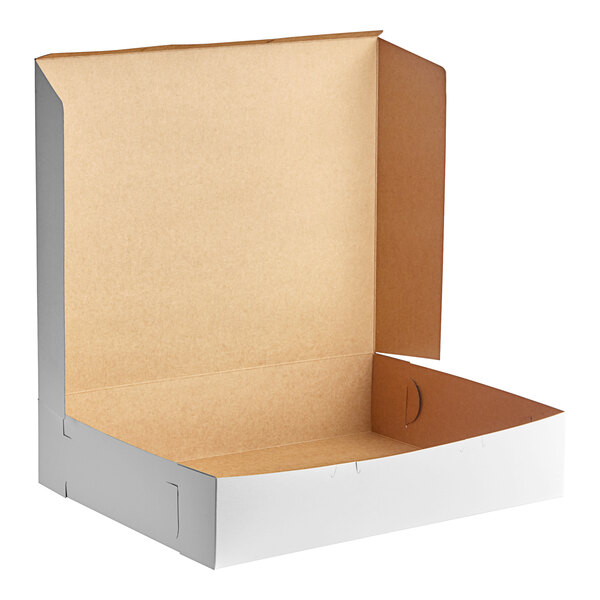 A Southern Champion white cake box with the lid open.