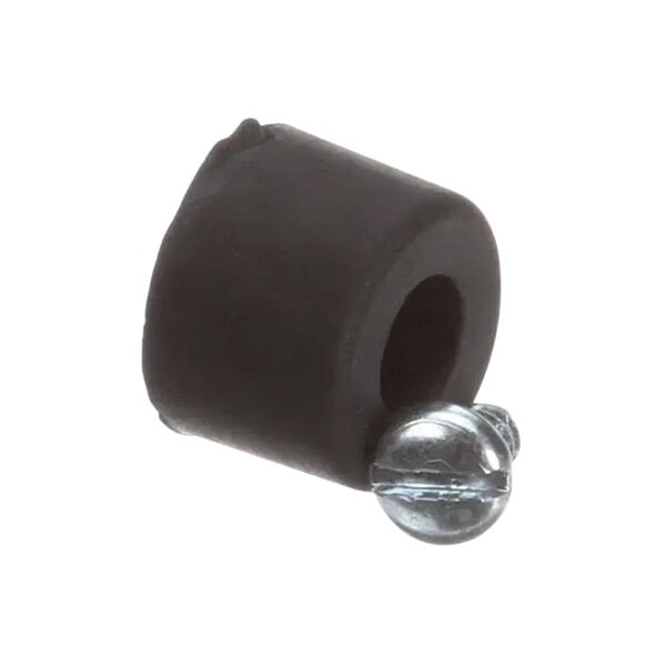 A black rubber cylinder with a round metal screw on it.