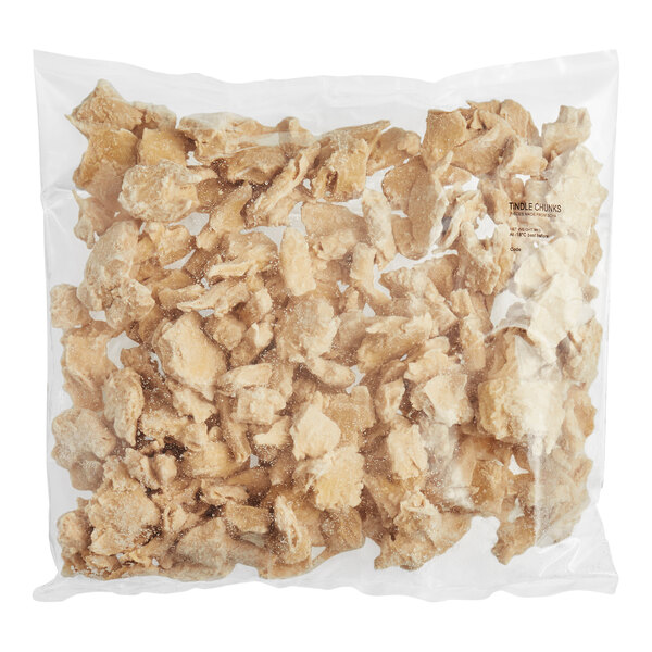 A white and blue bag of frozen Tindle Plant-Based Vegan Chicken Pieces.