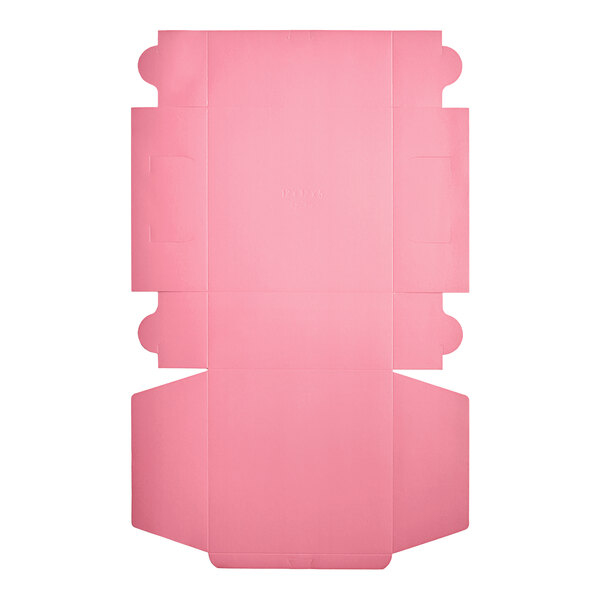 A pink cardboard bakery box with a white border.