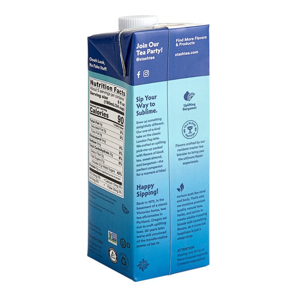A blue and white carton of Stash Earl's Delight Black Tea Latte Concentrate with text and images.