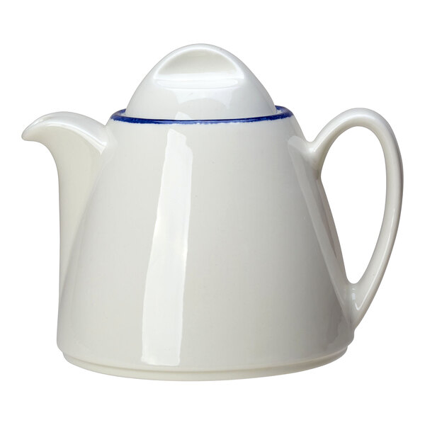 A white teapot with blue trim.