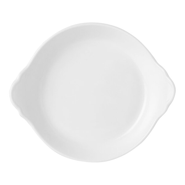 A close-up of a Steelite Performance Simplicity round white dish with a handle.