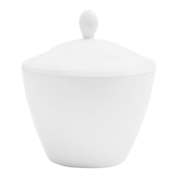 A white bowl with a lid on a white background.