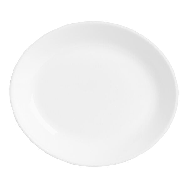 A white oval relish dish with a black and white circle on the rim.