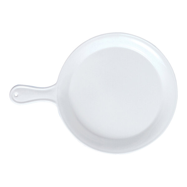 A white pan with a curved edge and handle.