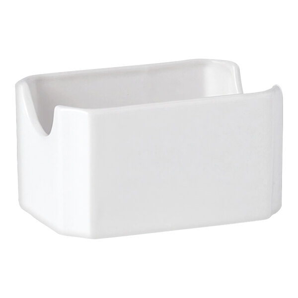 A white rectangular Steelite sugar packet container with a lid and a hole in it.