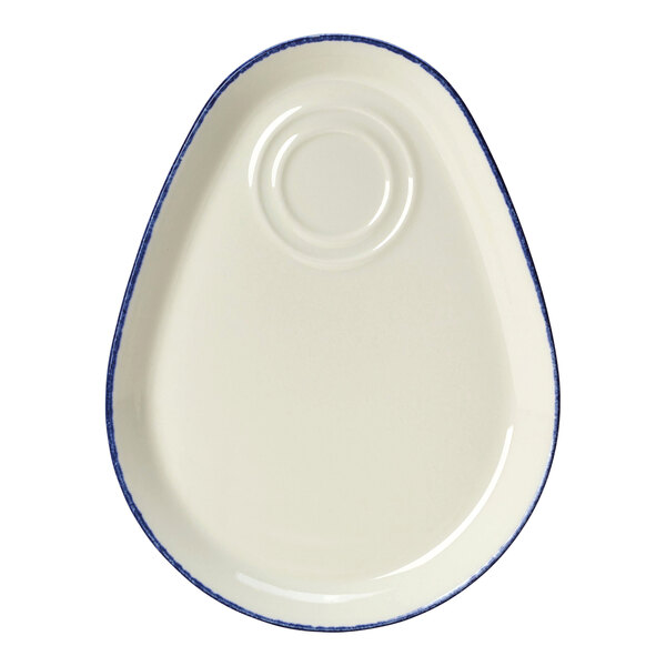 A white Steelite china tray with a circular blue pattern on the rim.