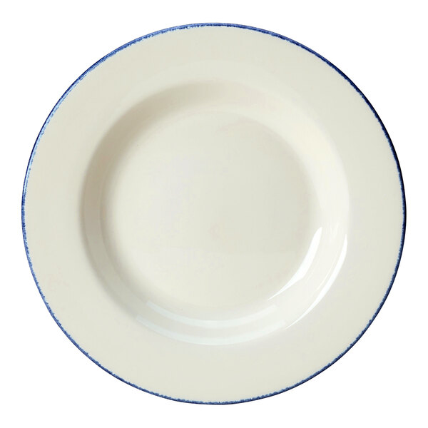 A white Steelite pasta bowl with a blue circular edge.