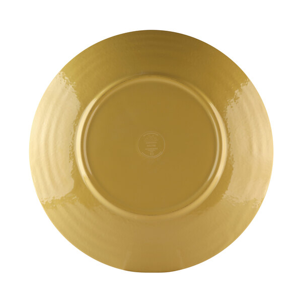 A close-up of an olive oil-colored Elite Global Solutions round plate.