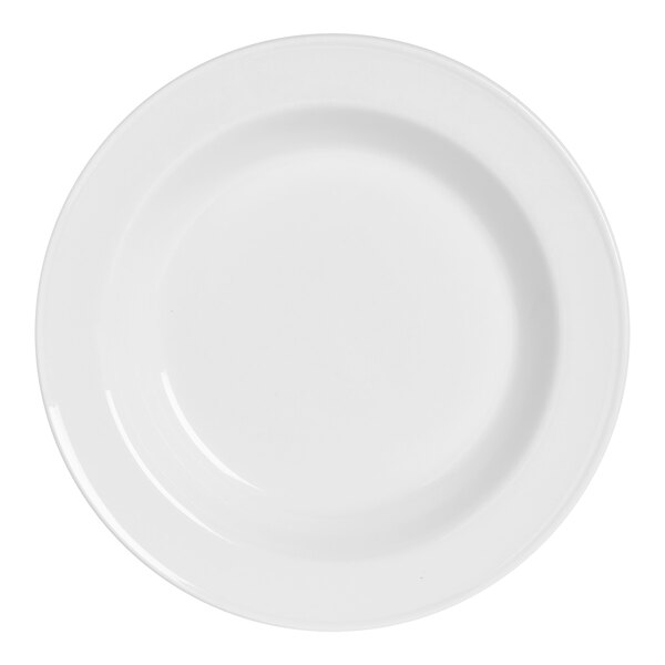 A close up of a white Steelite Performance Slimline soup plate with a plain edge.