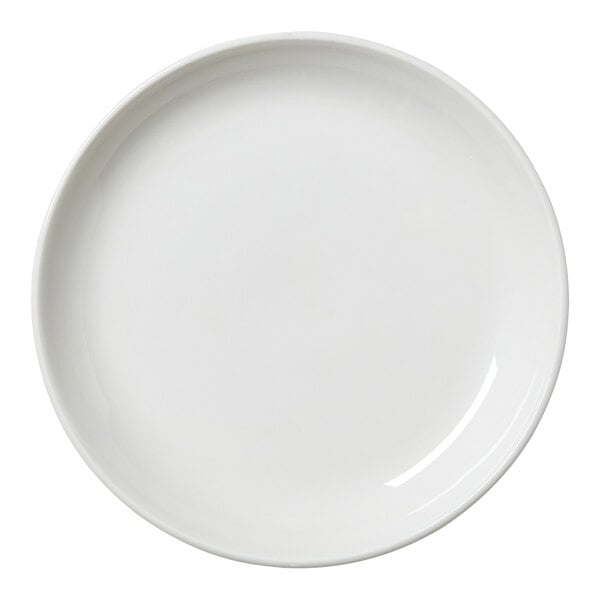 A close-up of a Steelite Performance white plate with a white rim.