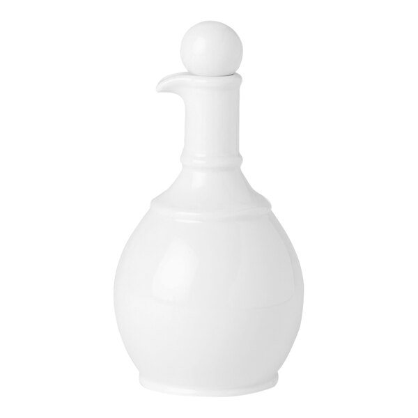 A white round Steelite oil and vinegar jar with a round top.