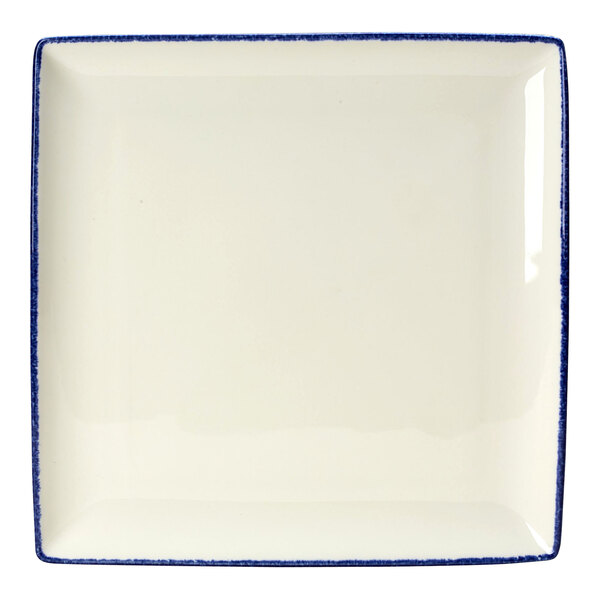 A white and blue square Steelite Performance Blue Dapple plate.