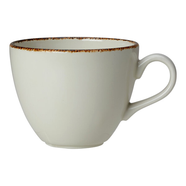 A white Steelite Performance cup with brown speckles.