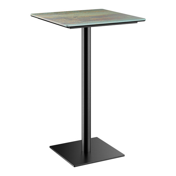A Lancaster Table & Seating square bar height table with a textured canyon metal finish and a square base plate.