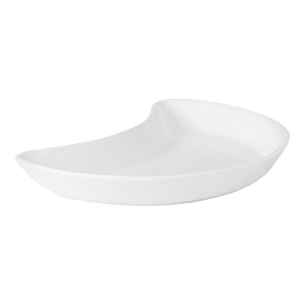 A white Steelite Performance Simplicity crescent salad plate with a curved edge.