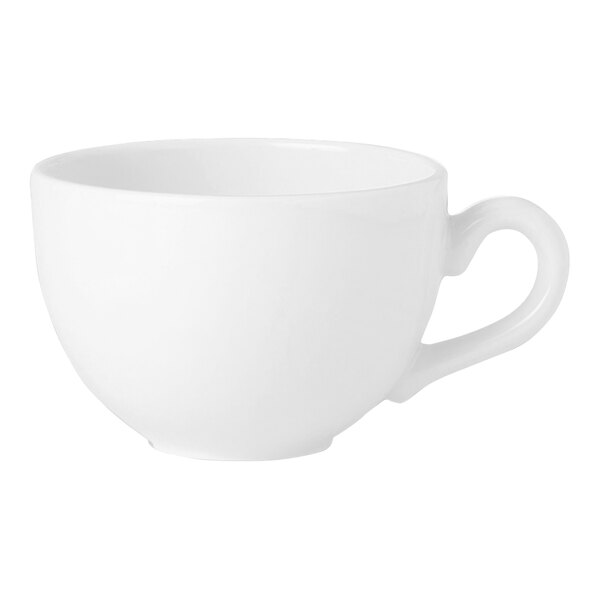 A close up of a white Steelite Performance Simplicity low coffee cup with a handle.