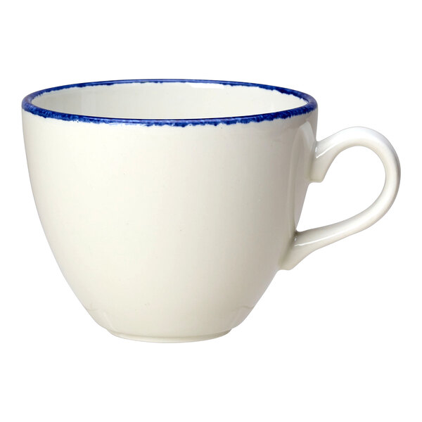 A white Steelite Performance Blue Dapple cup with a blue rim.