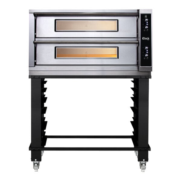 A Moretti Forni double deck pizza oven on a stand with wheels.