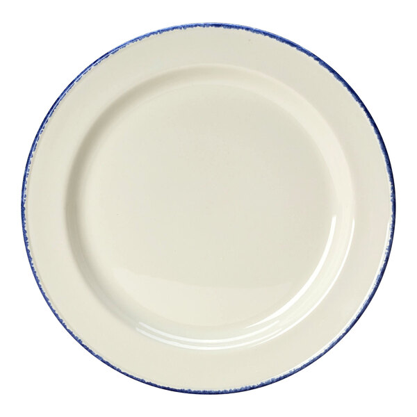 A close up of a Steelite Performance Blue Dapple slimline plate with a white center and blue rim.