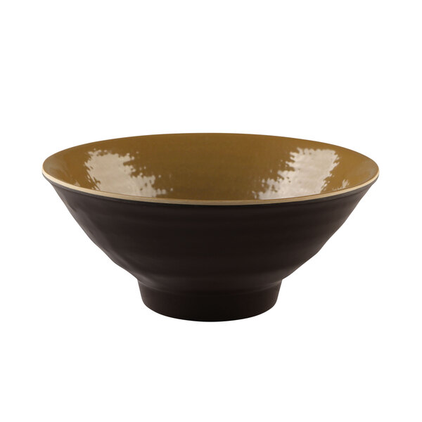 A brown melamine bowl with a yellow rim.