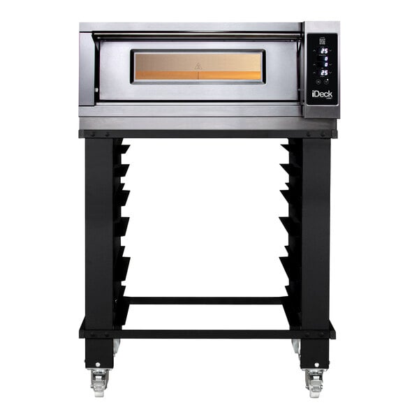 A silver Moretti Forni pizza oven on a stand with wheels.