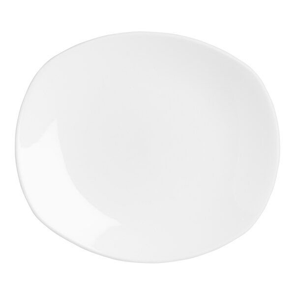 A Steelite white china plate with a curved edge.