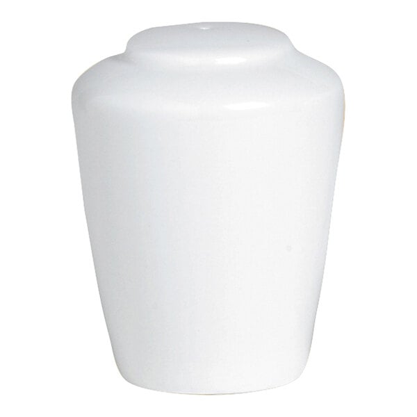 A white ceramic salt shaker with a round lid.