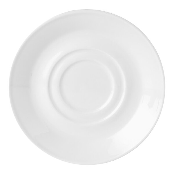 A close-up of a Steelite Performance Simplicity Slimline double well saucer with a circle in the middle.