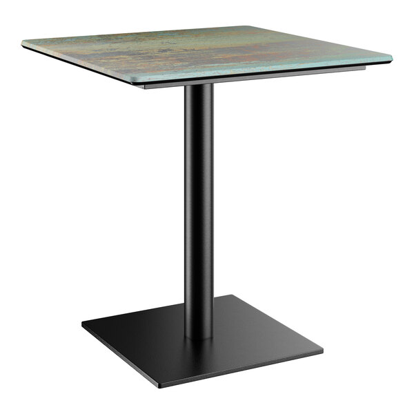 A Lancaster Table & Seating square table with a textured canyon metal finish and square base plate.