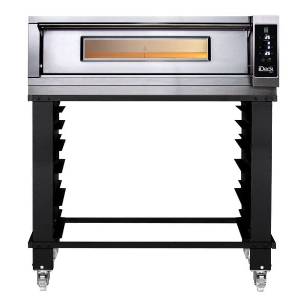 A stainless steel Moretti Forni pizza oven on wheels.
