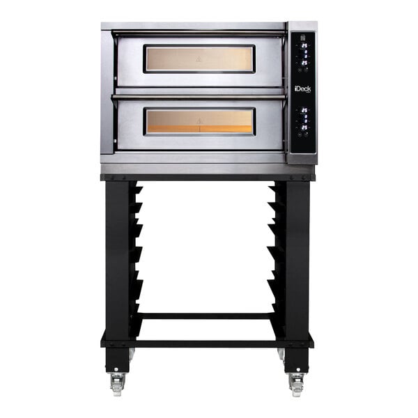 A Moretti Forni double deck pizza oven on a stand.