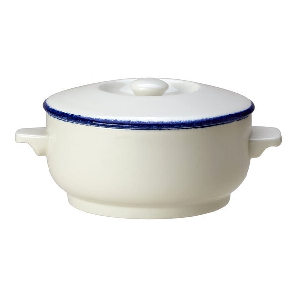 A white bowl with a blue rim and lid.