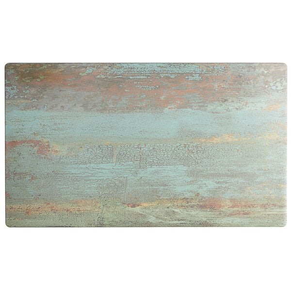 A Lancaster Table & Seating rectangular table top with a textured painted metal finish in a wood pattern.
