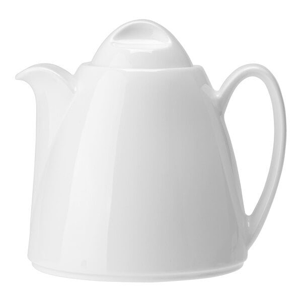 A close-up of a Steelite Performance Liv white teapot with a lid.