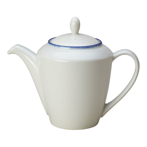 A white teapot with blue trim.